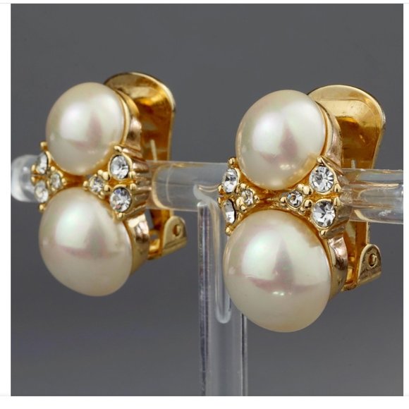 Vintage CHRISTIAN DIOR Double Pearl Rhinestone Earrings - Picture 6 of 11